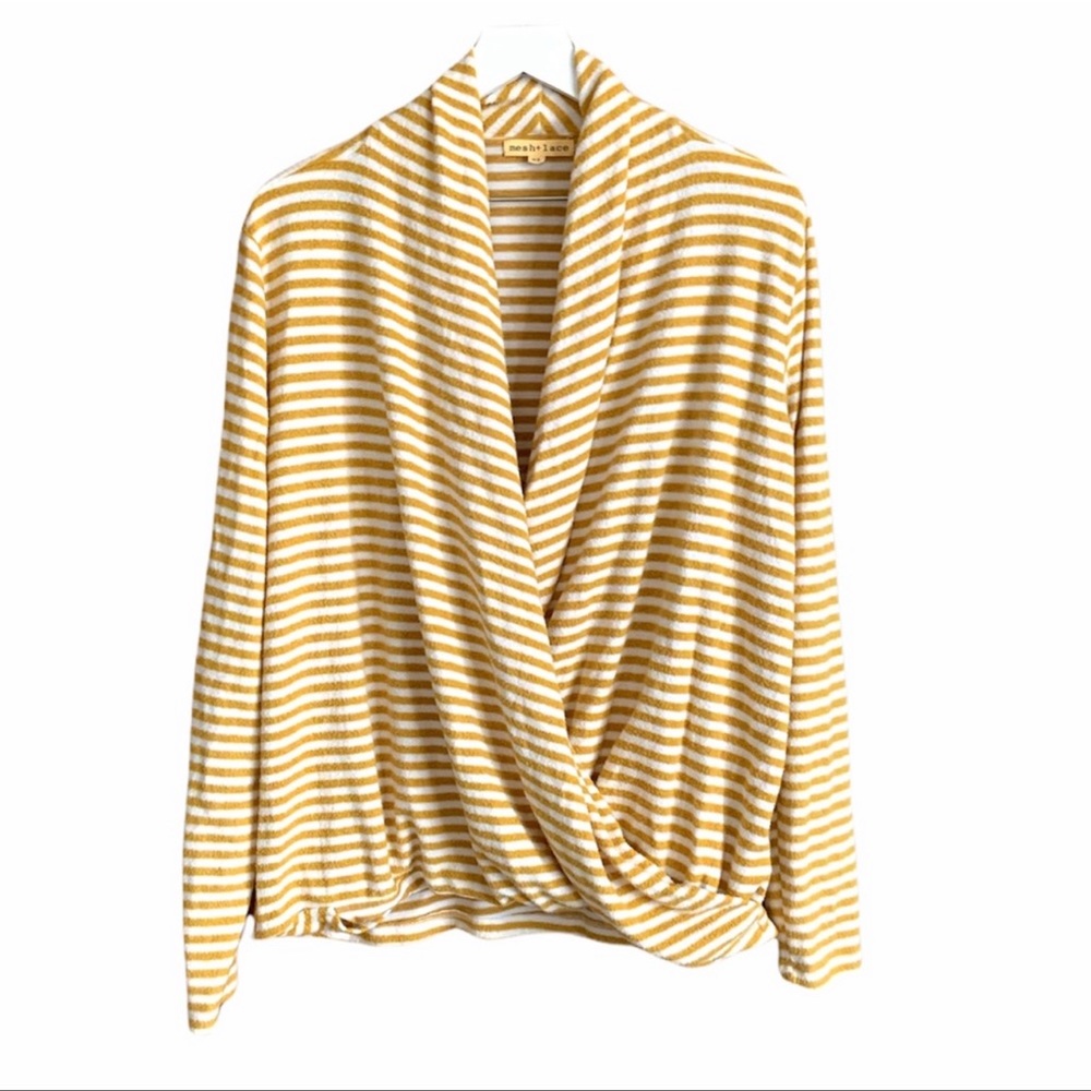 NWT Mesh + Lace Yellow Striped Faux Wrap Sweater Large